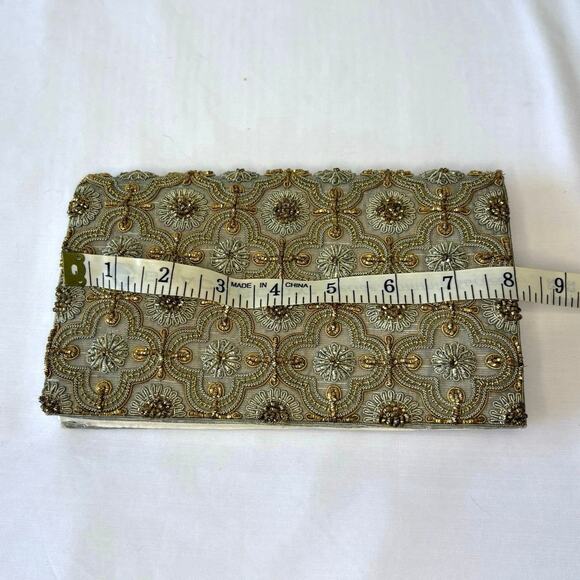 India Art Emporium Hand Made Silk & Beaded Evening Bag Clutch | Gold Silver - Picture 11 of 12